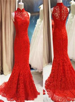 Picture of Red Color Lace Mermaid Long Formal Gown, Red Color Bridesmaid Dresses